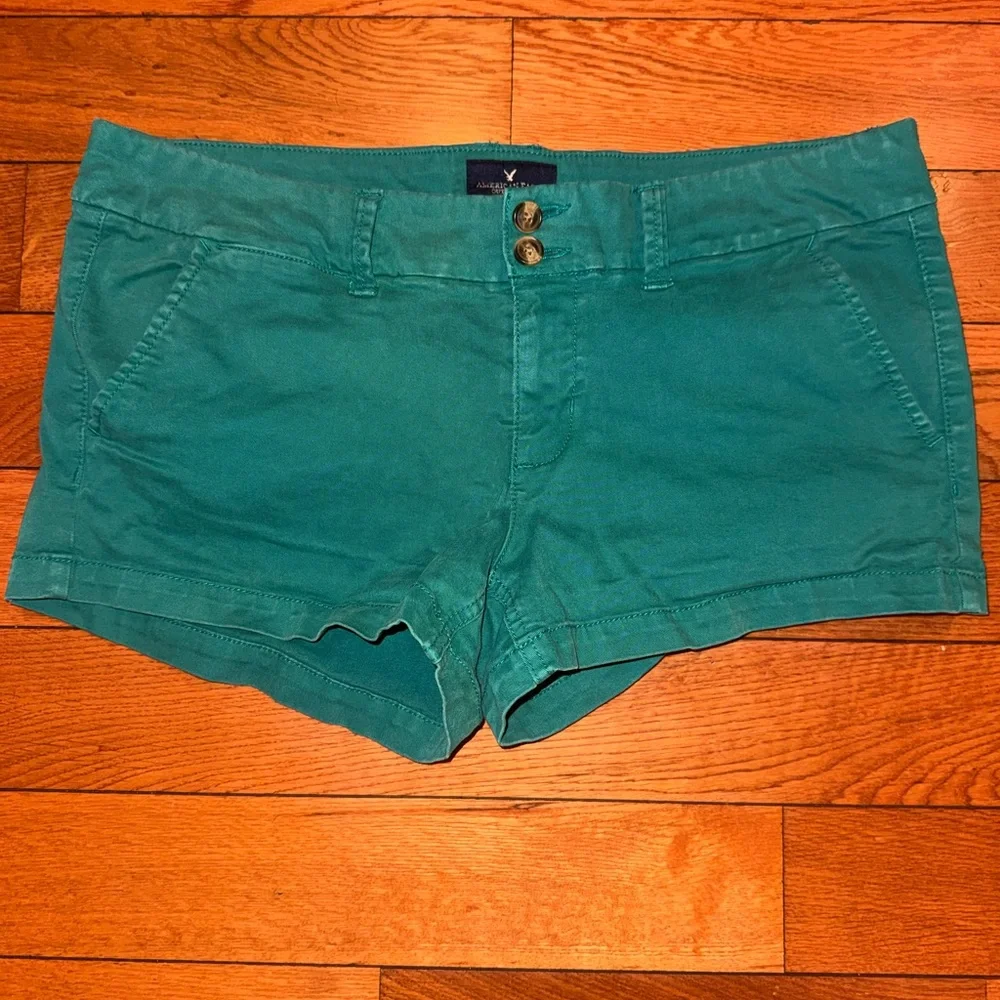 Women’s American Eagle Teal Low Rise Shortie Stretch Shorts Y2K Size 10 EUC